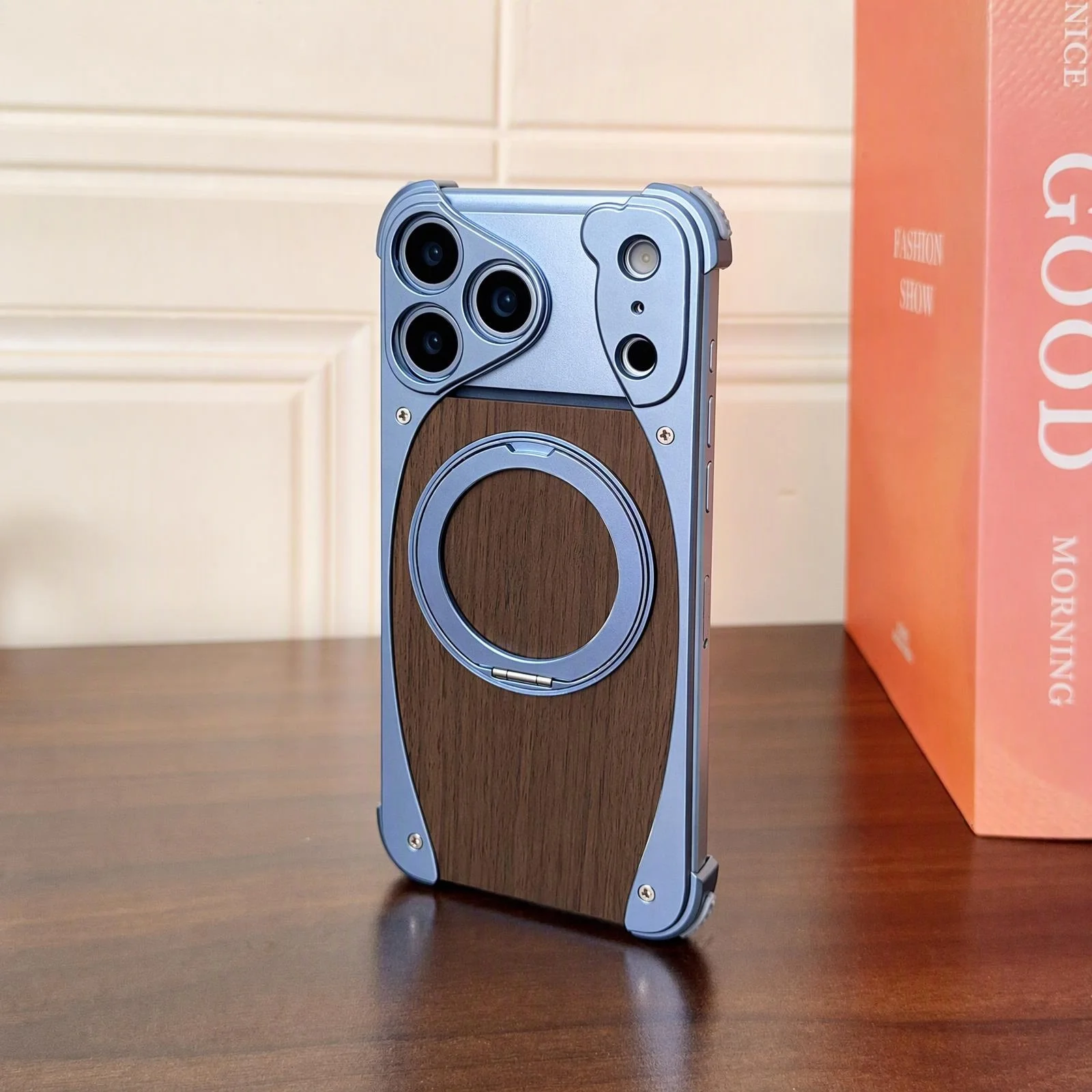 Luxury Metal Frame Walnut Wood Frameless Phone Case For iPhone 18 17 16 15 14 Pro Max Magsafe Magnetic Rotating Bracket Cover