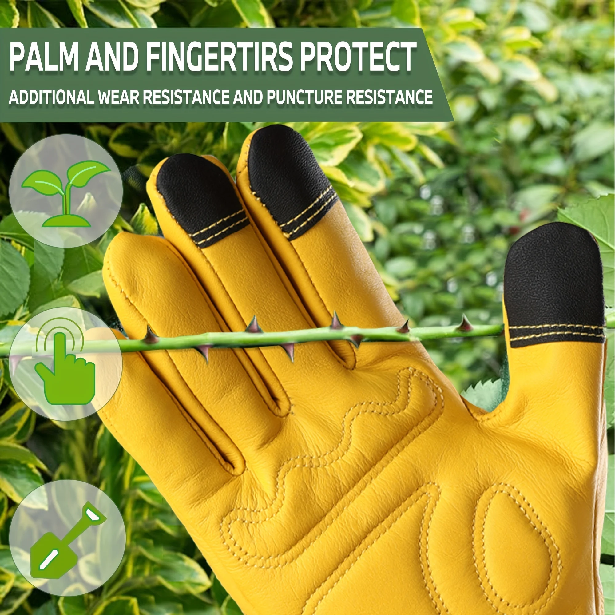 1 pair of durable women\'s long gardening gloves, thorn-proof, with green print and breathable cowhide, suitable for yard work