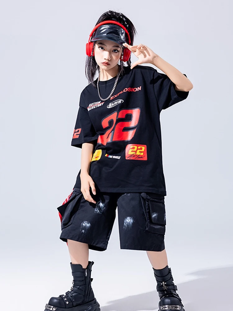 2025, neue Hip-Hop-Tanzkostüme für Mädchen, lose T-Shirts, schwarze Shorts, Outfits für Jungen, Jazz-Performance-Show, Bühnenkleidung DQS 19873