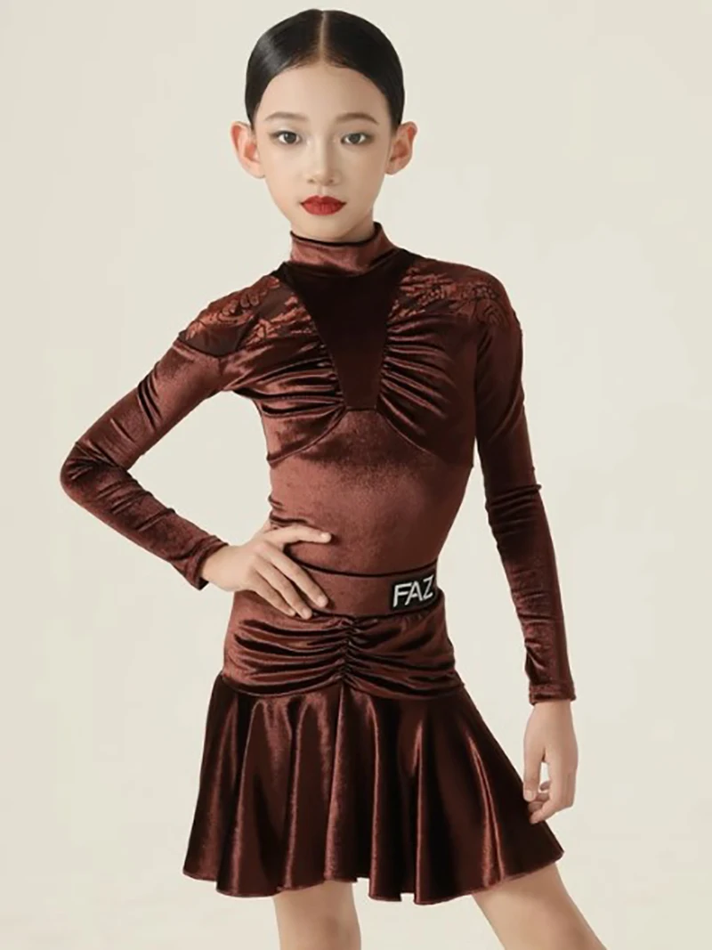 Jupes à volants en velours café pour enfants, robe de danse moderne, spectacle de compétition, Costume de danse Standard National pour filles