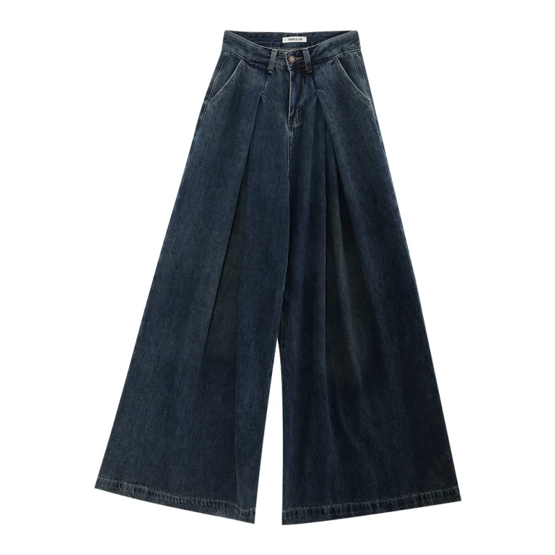 Mulheres Blue Jeans Chic Dobrado Cintura Alta American Street Wide Leg Pants Moda Vintage Oversized Feminino Straight Autumn Trouser