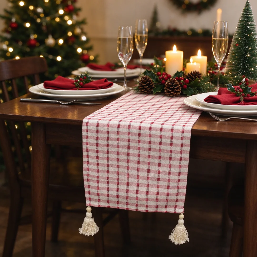 2026 New Hollow Out Red White Plaid Table Runner with Bead Tassel Christmas Farmhouse Woven Table Decor