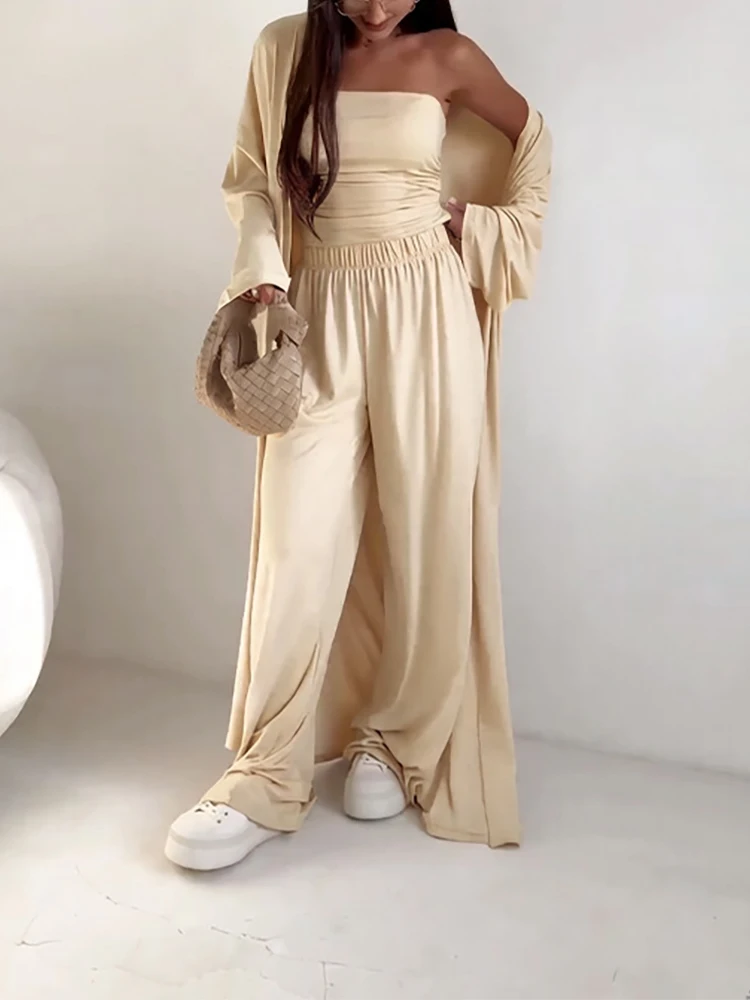 

Fashion Long Sleeved Shawl Jacket Holiday Suit Female Simple Solid Color Loose Pants Outfit Spring Summer Casual Three Piece Set