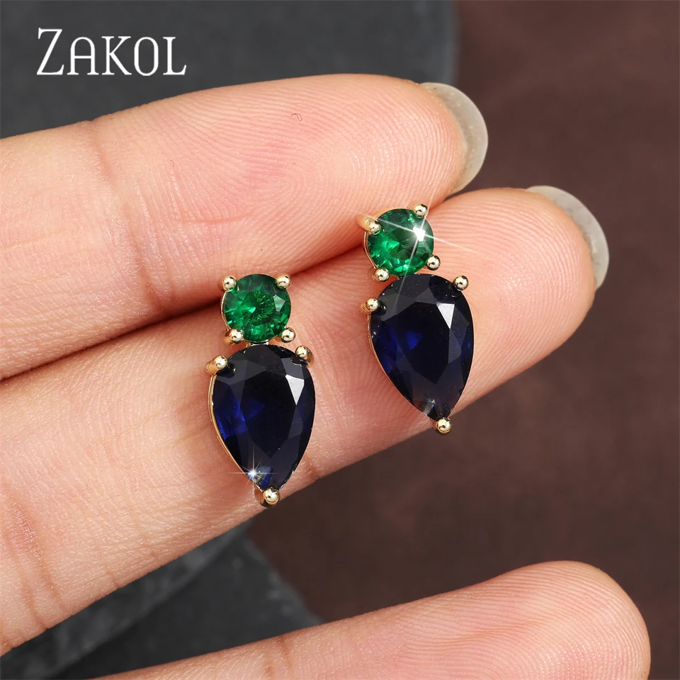 ZAKOL Fashion Mutilcolor Water Drop Zircon Stud Earrings for Women Blue Green Cubic Zirconia Earring Wedding Party Jewelry