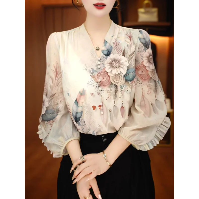 2025 Summer Elegant Temperament Style and Three-quarter Sleeve Shirt for Women's Design Kluli Top