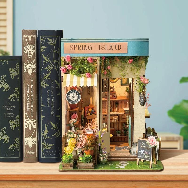 DIY Wooden Spring Island Flower Casa Book Nook Shelf Insert Miniature Model Kits Bookshelf Bookend for Friends Birthday Gifts