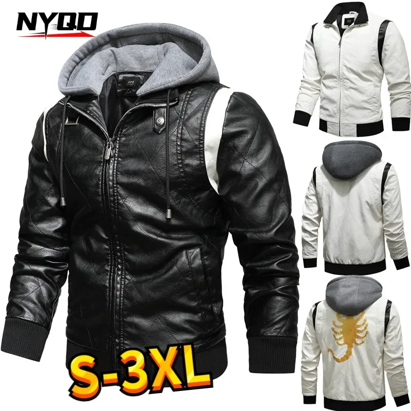 Autumn Winter Bomber Leather Jacket Men Scorpion Embroidery Hooded Jacket PU Leather Motorcycle Mens Ryan Gosling Drive Jacket