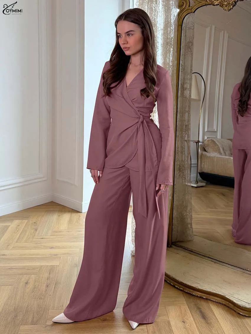 Oymimi أنيقة الوردي الداكن امرأة 2 قطعة مجموعة الزي عادية الخامس الرقبة طويلة الأكمام الدانتيل متابعة القمصان وبنطلون مستقيم بسيط مجموعات