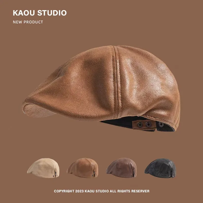 PU leather retro Japanese-style forward cap, versatile stylish beret for women in autumn and winter, with a unique gradient