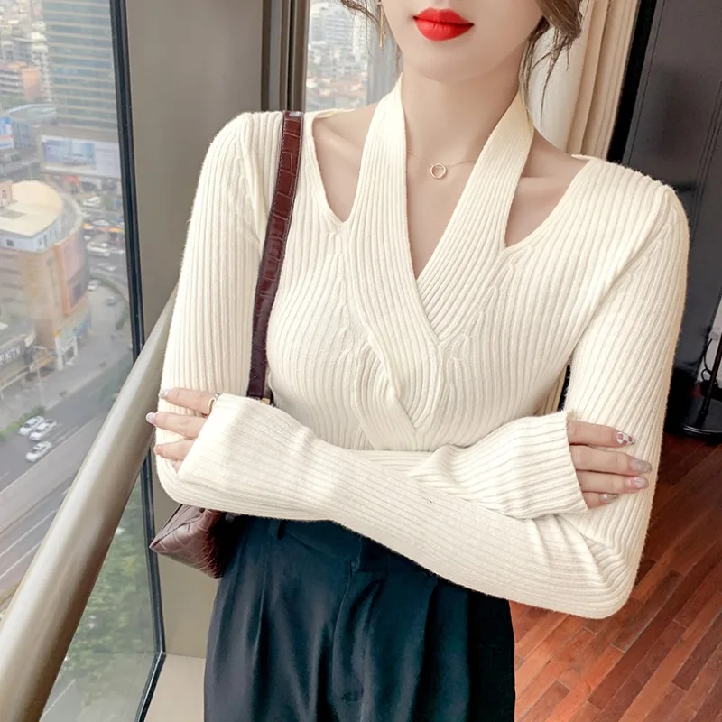 

Striped Pit Hanging Halter Neck Sweater Women Winter Autumn Jumper Twisted Tops Hollow Out Slim Fit Stretch Korean Pullovers