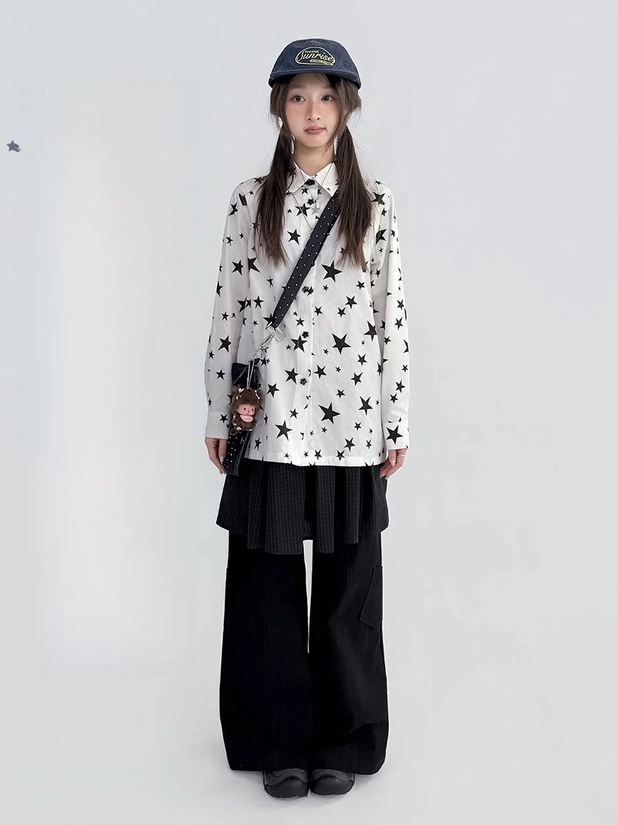 

Slimming White Star Print Basic Long Sve irt Women's Spring Summer Faion Casual Cotton Button up Top Y2K oulder Length