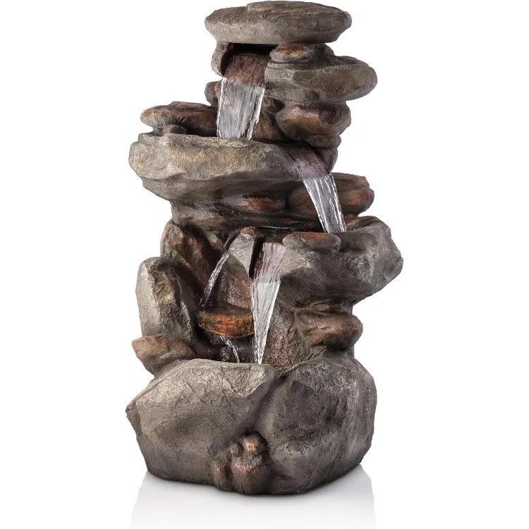 WIN316 Outdoor Floor 4-Tiered Rock Water Fountain for Garden or Patio with Natural Stone Look, 40