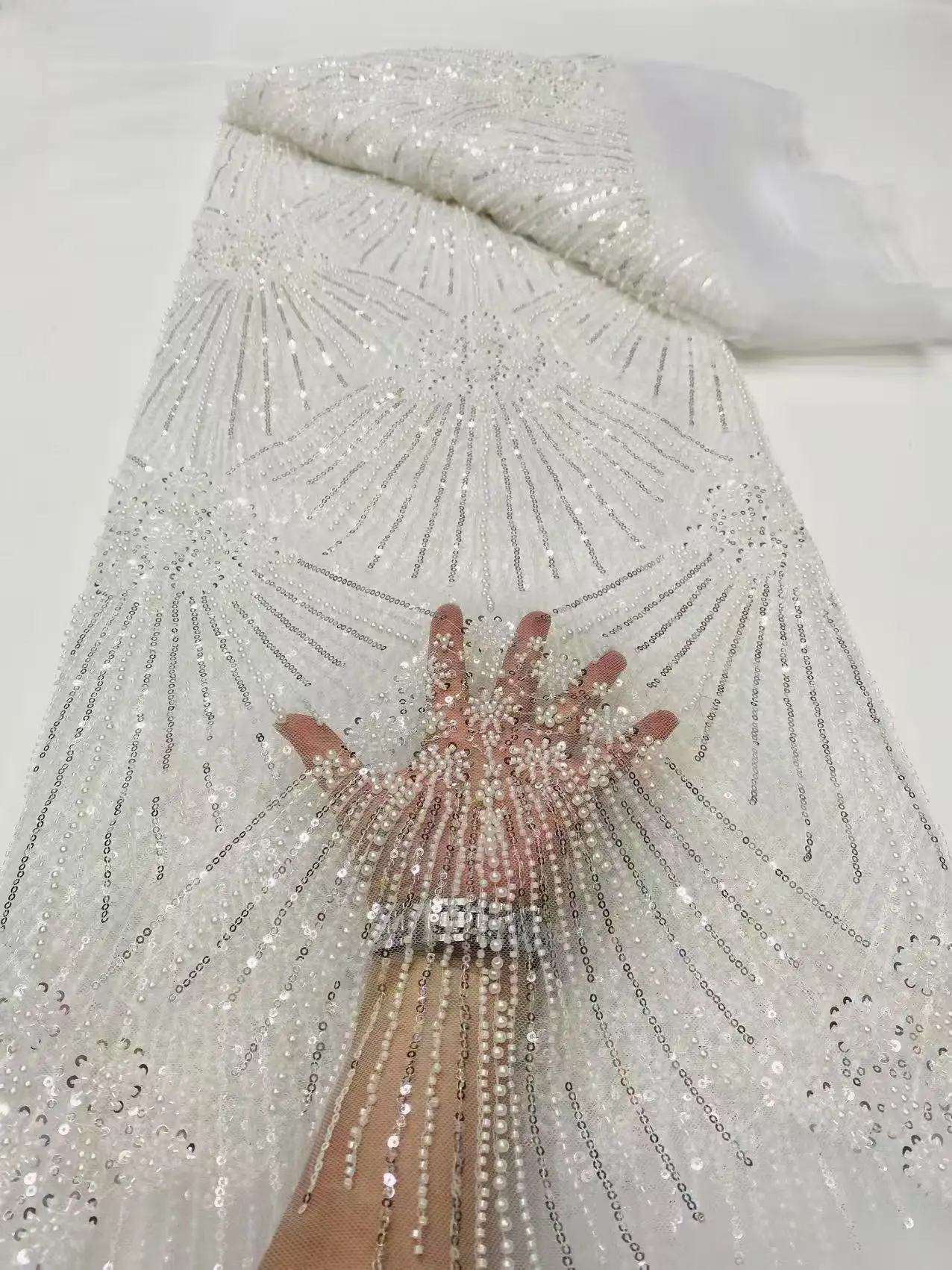 

High-End Luxury French Embroidery Heavy Groom Beads Lace Fabric Sequins 5 Yards High Quality Materiel for Party Dresses