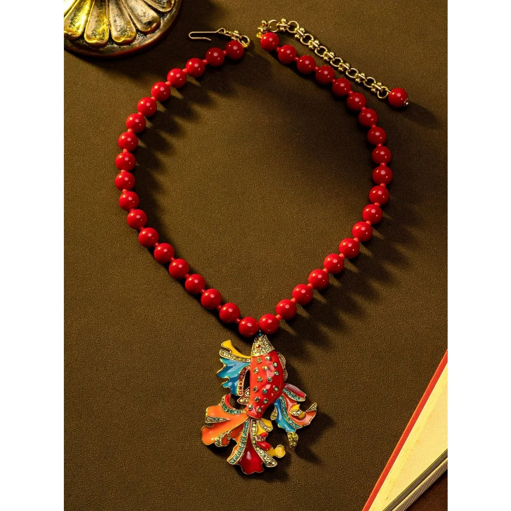 Medieval Jewelry Retro National Style Enamel Drop Glaze Goldfish Design Pendant Elegant Niche Personality Exaggerated Necklace