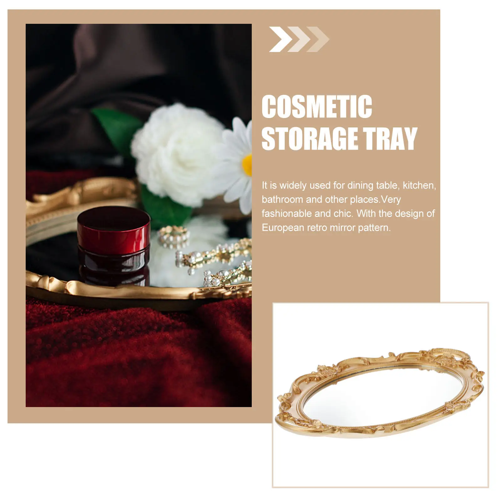 

1 шт. Декоративный поднос для дома, элегантная зеркальная тарелка в европейском винтажном стиле, универсальное применение для вечеринок, фотосессий, декора спальни, золотой