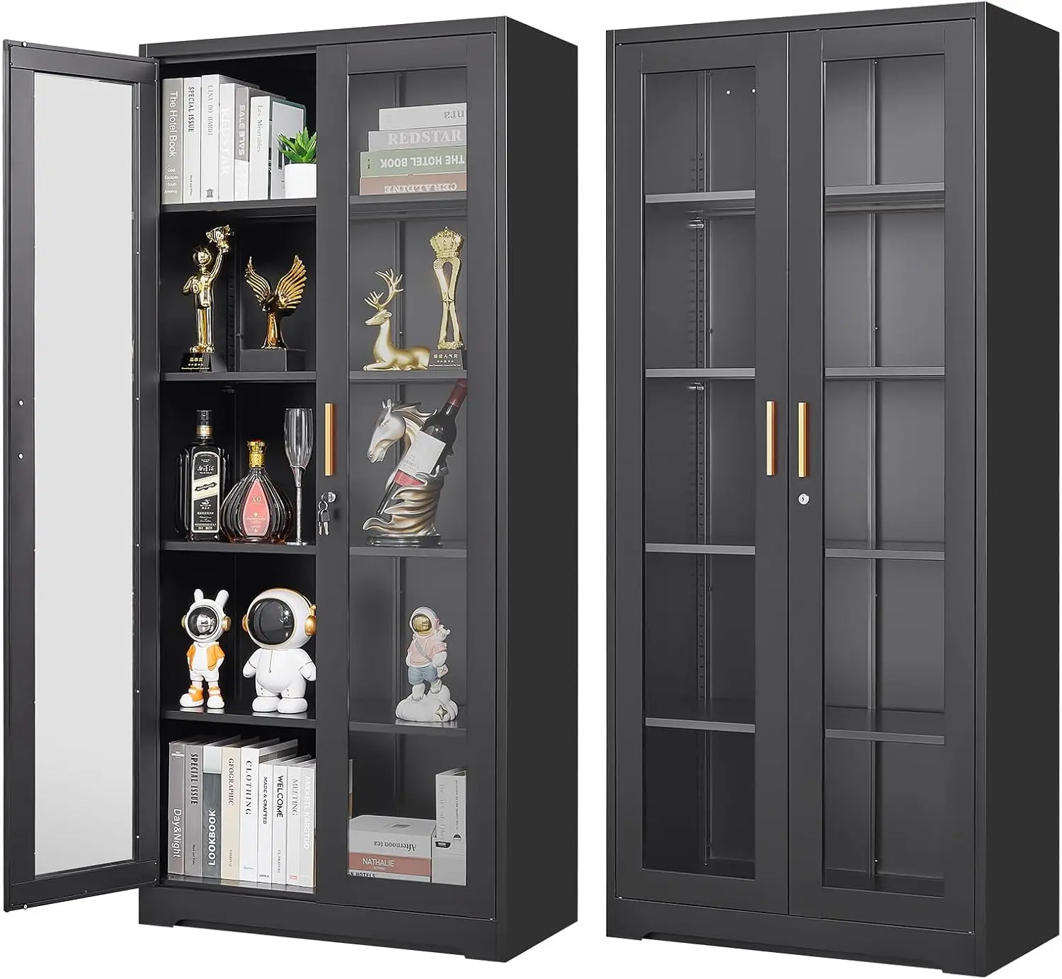 

Glass Display Cabinet with Lock, Metal Curio Cabinet with Tempered Glass Doors & Adjustable Shelves, Heavy-Duty China Ca