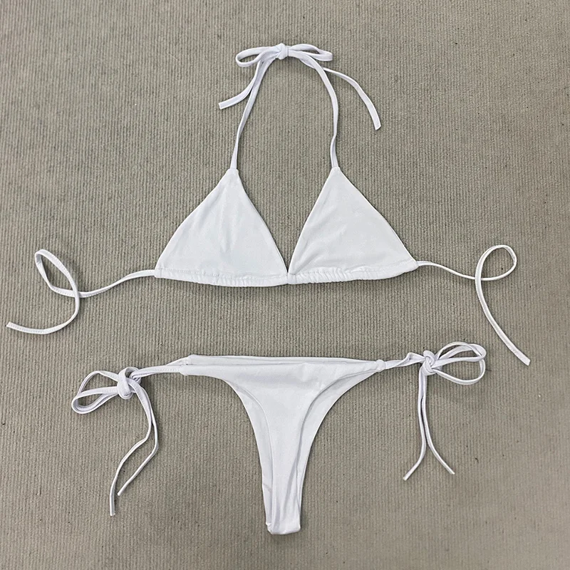Simple Temperament Aesthetics Triangle Bikini Set Halter Tie-Up Two Piece  Swimsuit Thong Bottom Bathing Suit Beachwear Women