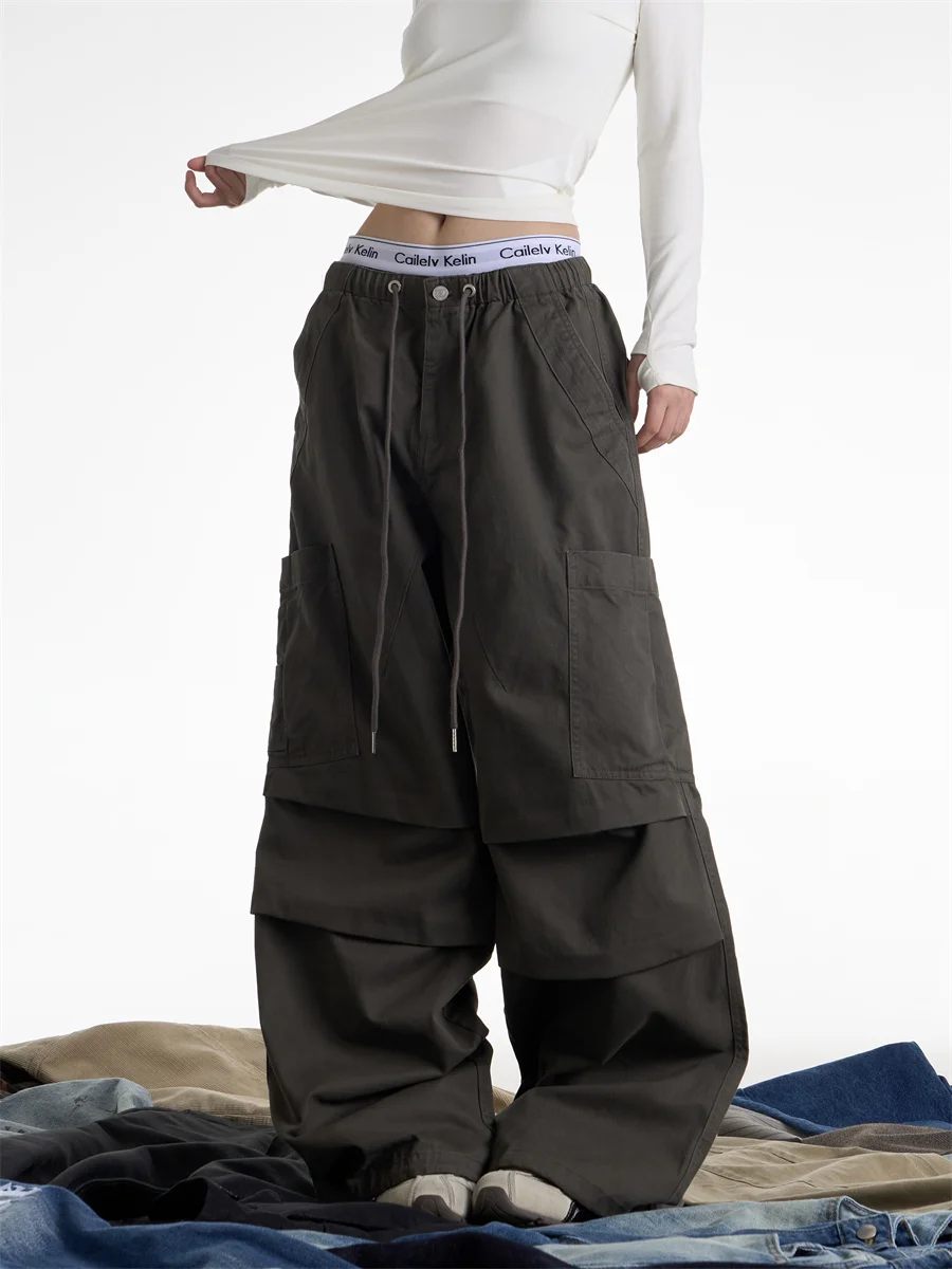 Onlpp American Retro Workwear Wide Leg Pants Women Autumn Winter Loose Slim Straight Sport Casual Long Trousers Multi Pockets