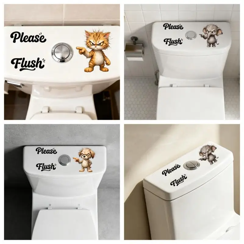 Toilet Stickers Funny Cartoon Press To Flush Waterproof Peel & Stick Easy Remove Decals for Home Bathroom Renovation