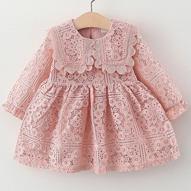 New In Spring Autumn Toddler Girl Clothes Korean Fashion Lace Cute Doll Collar Red Princess Baby Dresses Birthday Dress BC1585-1