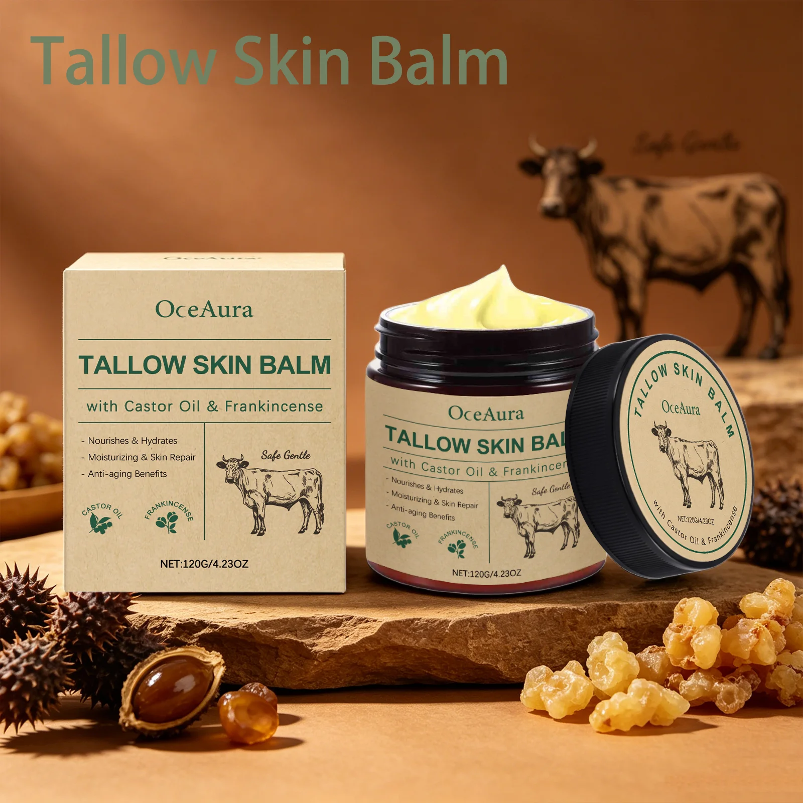 OceAura Tallow Skin Balm Castor Oil Frankincense Infused Nourishing Hydrating Anti-aging Sensitive Skin Friendly Skin Care Cream