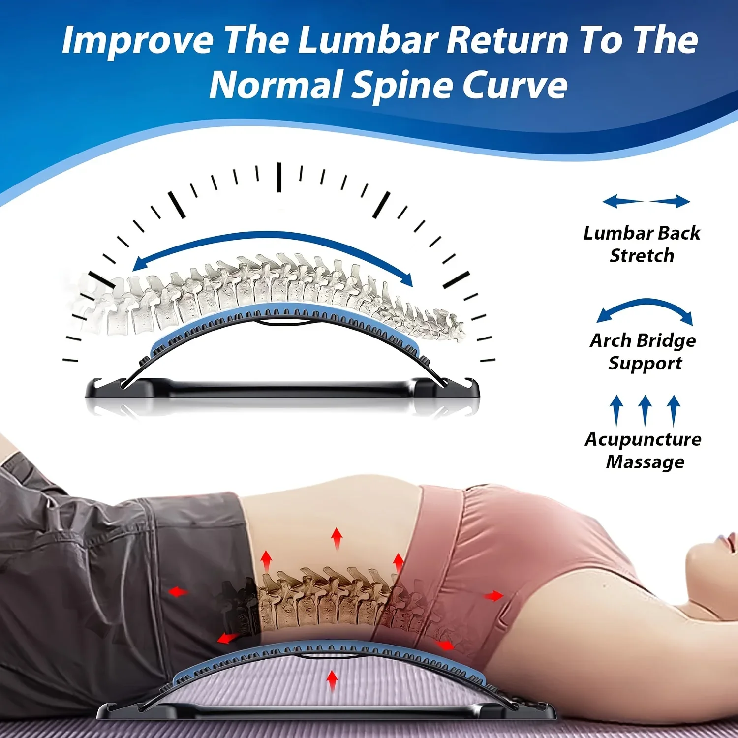 4-Level Adjustable Back Stretcher &Posture Corrector.Ergonomic Lumbar Support with Massage Function,Secure Grip Handles,for Uppe