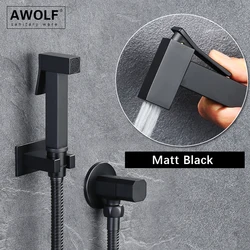 Awolf Matt Black Toilet Bidet Sprayer Set Solid Brass Hygienic Shower Head Square Handheld Anal Shower System Shattaf AP2339