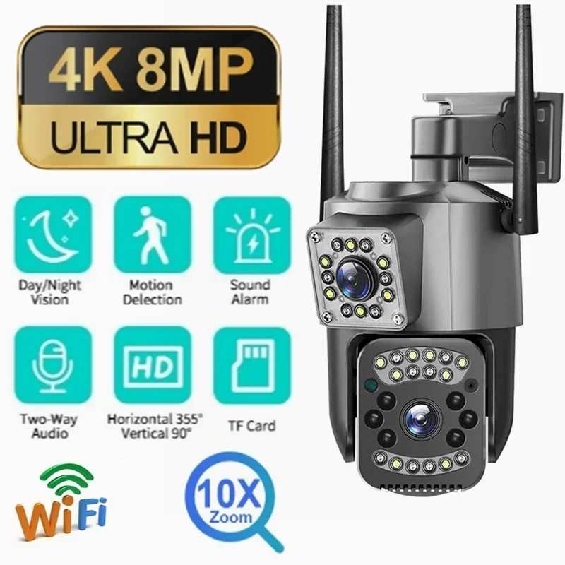 

8MP 4K 10X Zoom Панорамная камера Wi-Fi с двумя объективами Открытый IP66 Водонепроницаемая камера видеонаблюдения CCTV Световая сигнализация Cam