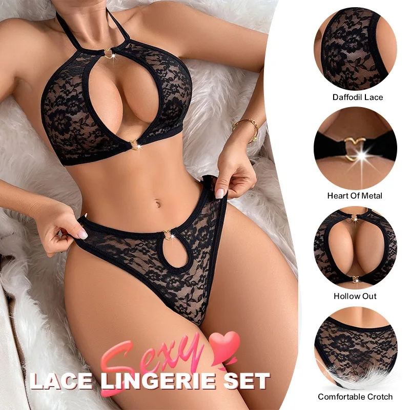 

2 Pcs/Set Women's Sensual Intimate Lingerie Set Lace Hollow Out Bra Halter Wireless Top and Soft Breathable Sexy Thong Underwear