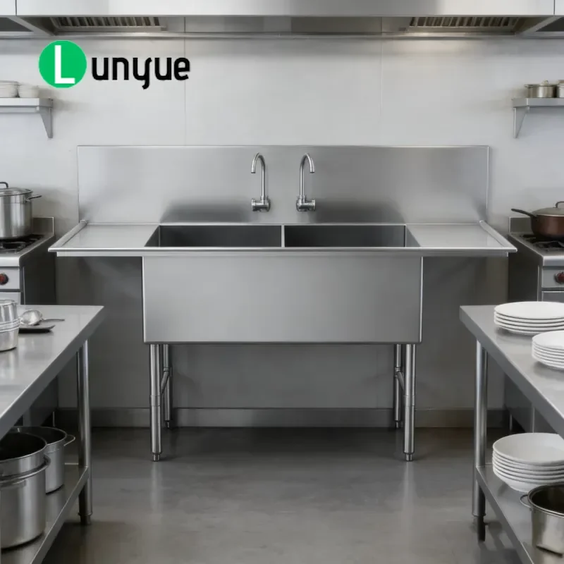 Commercial Stainless Steel 430/304 Two Compartment Floor to Ceiling Sink Polished Corrosion Resistant Double 18 Inch Drain