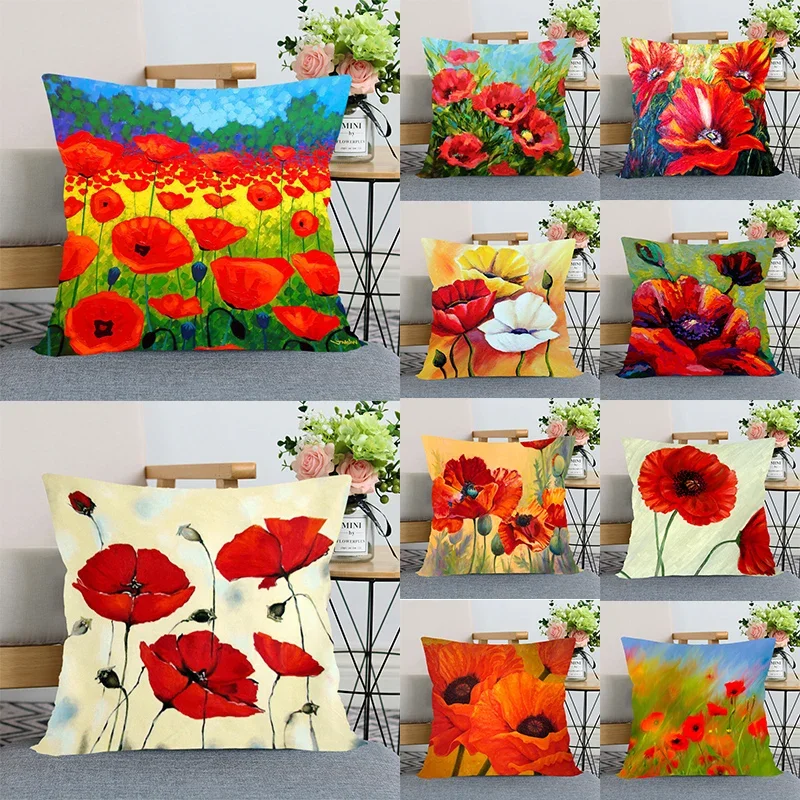 Red Poppy Pillowcase Bedroom Home Decor Beautiful Gift Square Soft