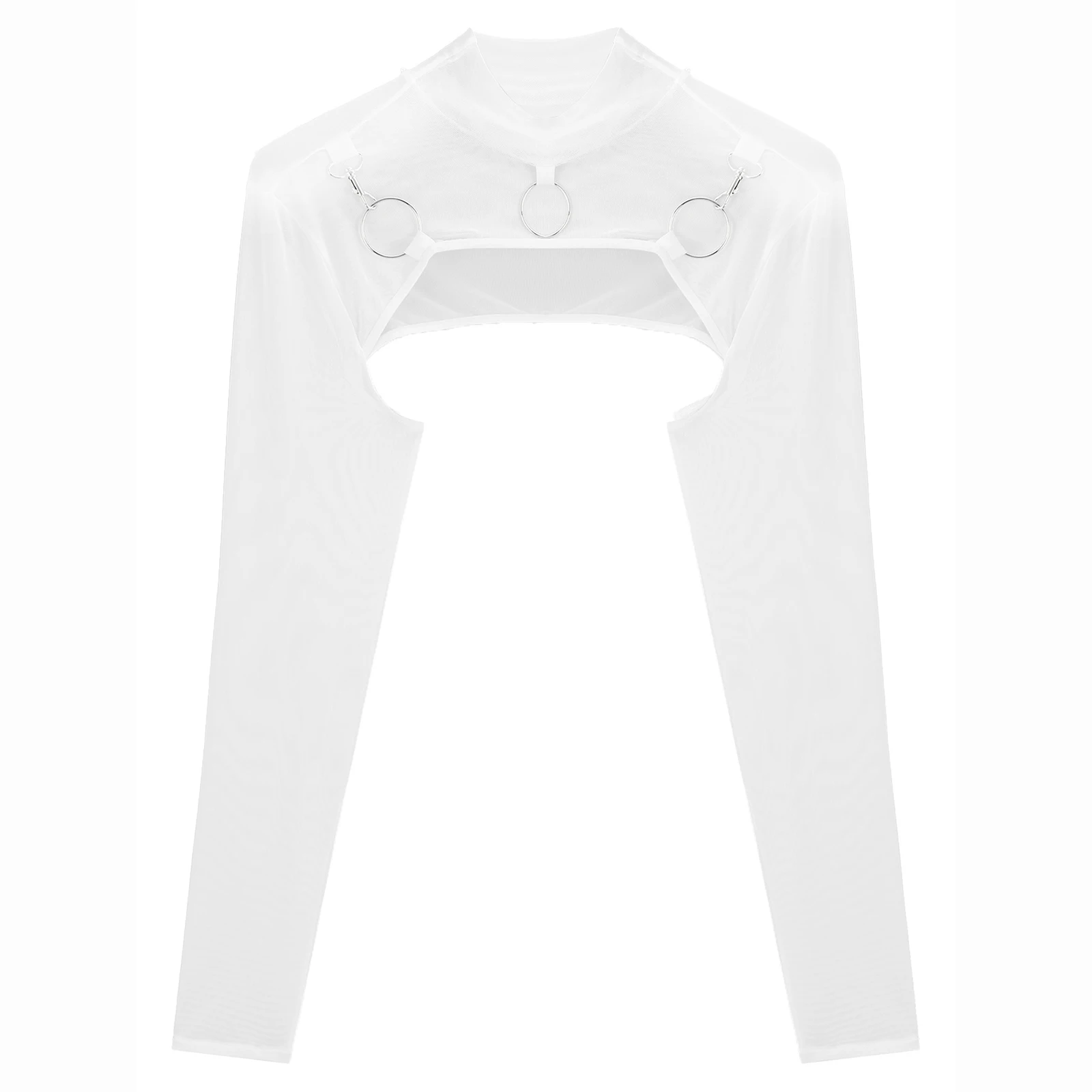 

Women's Mini Shrug Shawl Long Sleeve O-Ring Decor T-Shirt See Through Mesh Half Crop Top Arm Sleeve for Costume Accessory Tops