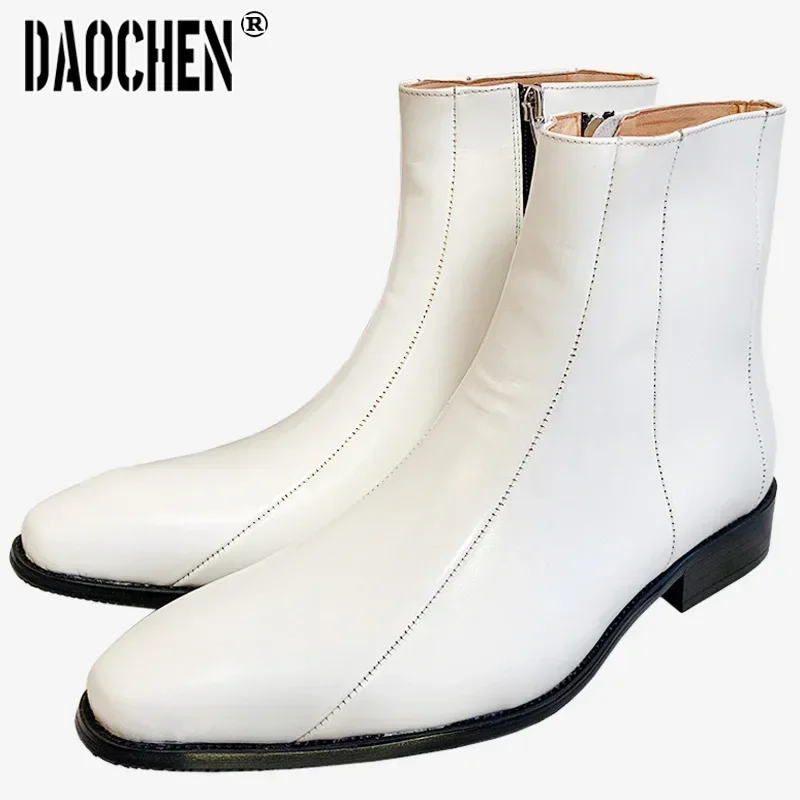 Luxusmarke Männer Stiefeletten Reiß verschluss Leder weiße Schuhe Mid-Calf Chelsea Stiefel Herren Kleid Schuhe Hochzeits feier Stiefel Männer