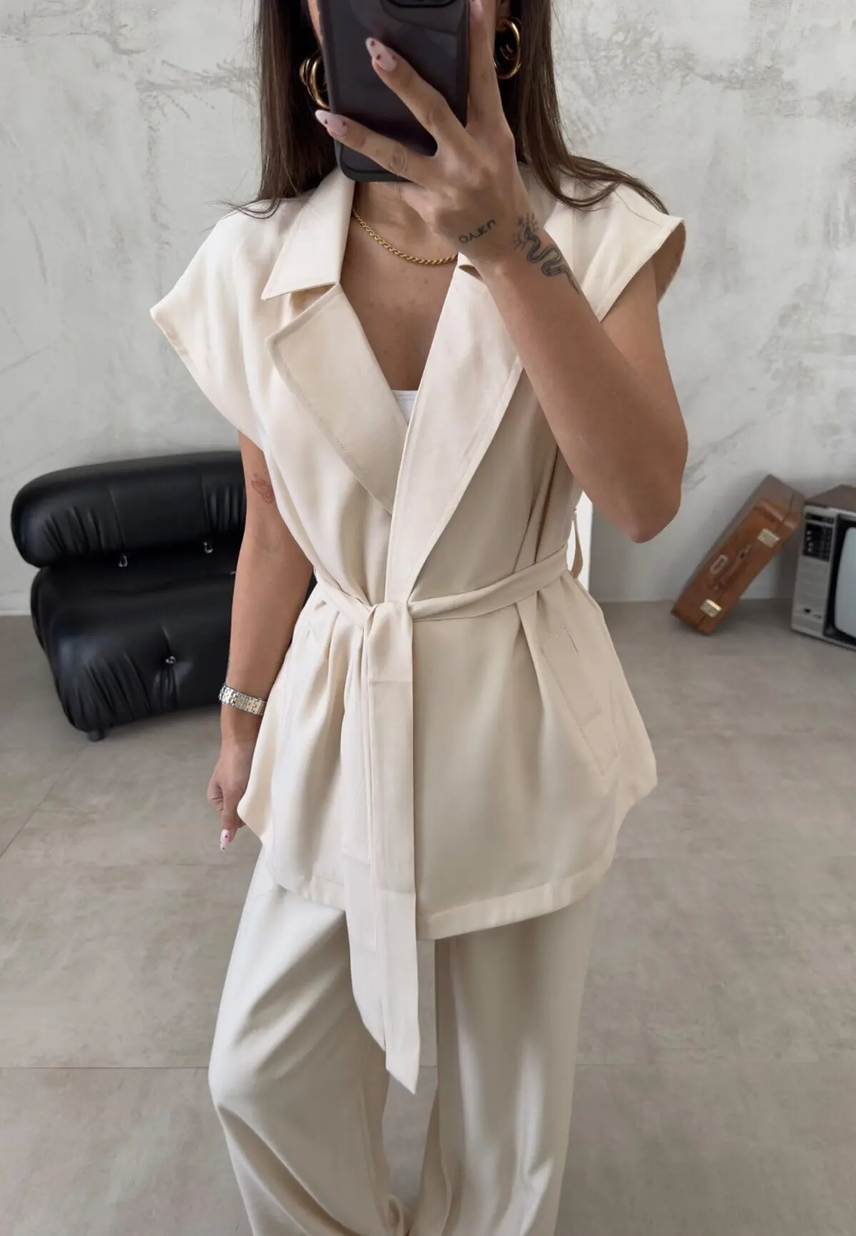 

Belted V Neck Shirts Pants Women's Two Piece Set Sleeveless Waist Top Turn-down Collar Floor-Length Trousers Breathable Suits