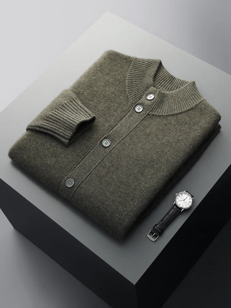 Men's Thick Sweater 100% Merino Wool Knitwear Cardigan Cashmere Buttons Coat Autumn Winter Mock Neck Pockets Casual Clothing Top