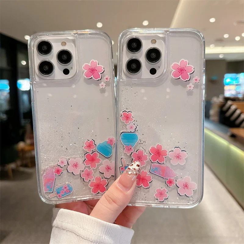 Glitter Quicksand Floating Flowers Case for iPhone 16 15 14 Pro Max 13 Clear Hard Back Cover Silicone Edges Shell Liquid Coque