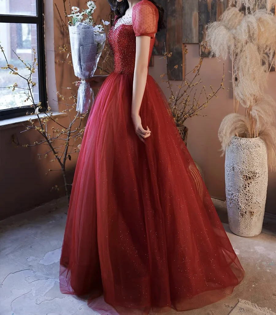 Nuevos Vestidos De Noche De lujo De color rojo vino, corte en A, cuello cuadrado, lentejuelas, cuentas brillantes, manga abombada, Vestidos De Noche formales
