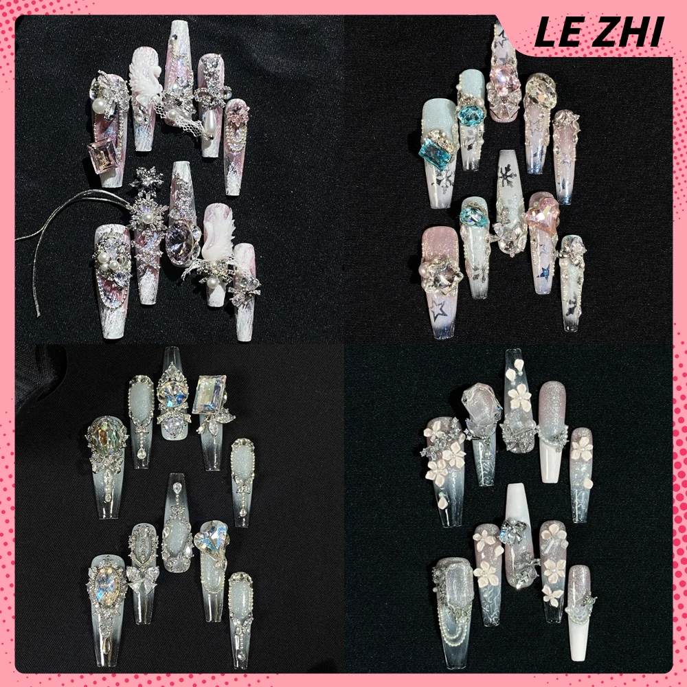 

Luxury Palace Glitter Diamond Handmade Long Coffin Stiletto Full Cover Nails Butterfly Bow Flowers Feather Wings Press On Nails