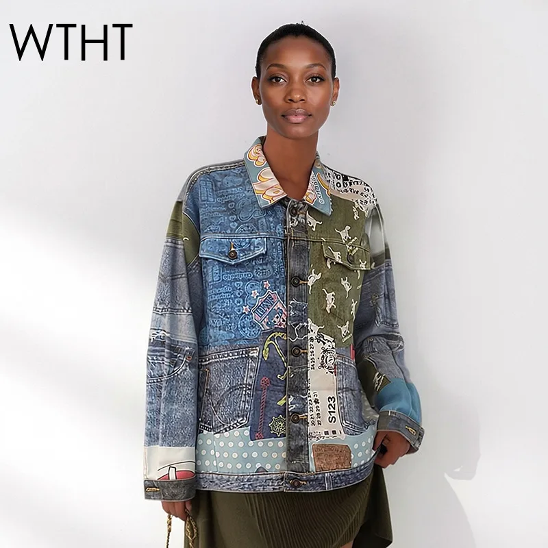 

Модная новая женская джинсовая куртка WTHT с 3D-принтом, свободного кроя, весна 2026, модное пальто с длинными рукавами и отложным воротником, модель 1LS3019