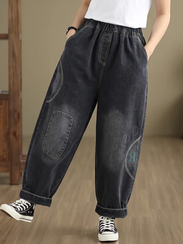Retro Washed Spliced Denim Jeans Women's Loose Casual Harlan Nine Point Pants Autumn New Style Black Cotton 100% Natural Waist