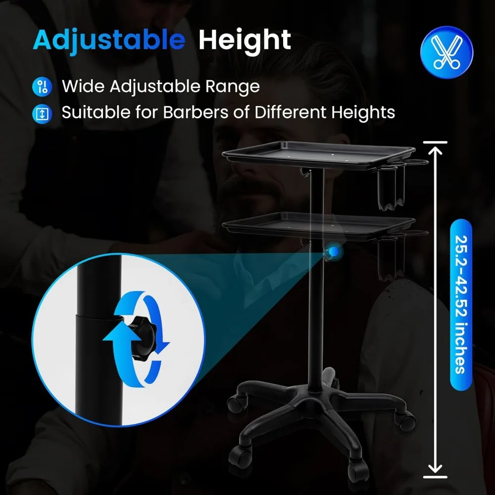 Beauty Trolley Aluminum Salon Tray Cart with Wheels Metal Tray Adjustable Salon Tattoo Trolley for Hair Salon Beauty Salon