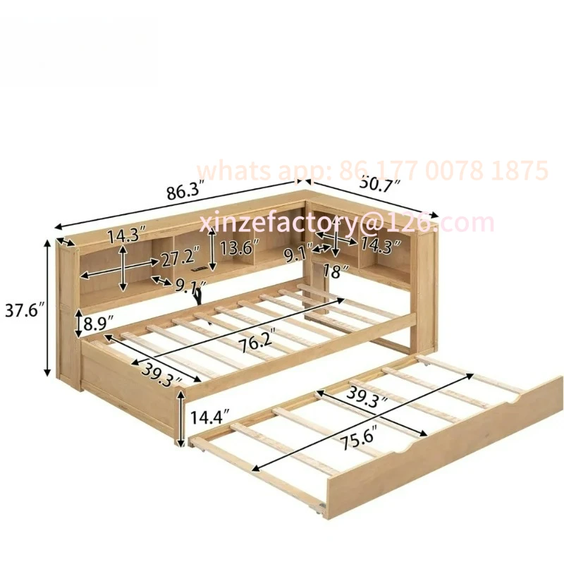 سرير بمنصة مزدوجة خشبية قابلة للتخصيص مع لوح أمامي وسرير نهاري بحجم مزدوج مع دولاب وخزائن كتب للتخزين ومنافذ USB