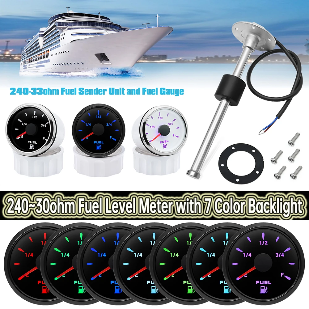 Waterproof IP67 Fuel Level Meter 240-33ohm Oil Tank Meter+100mm-550mm Fuel Float Sensor with 7 Color Backlight for Car Yacht