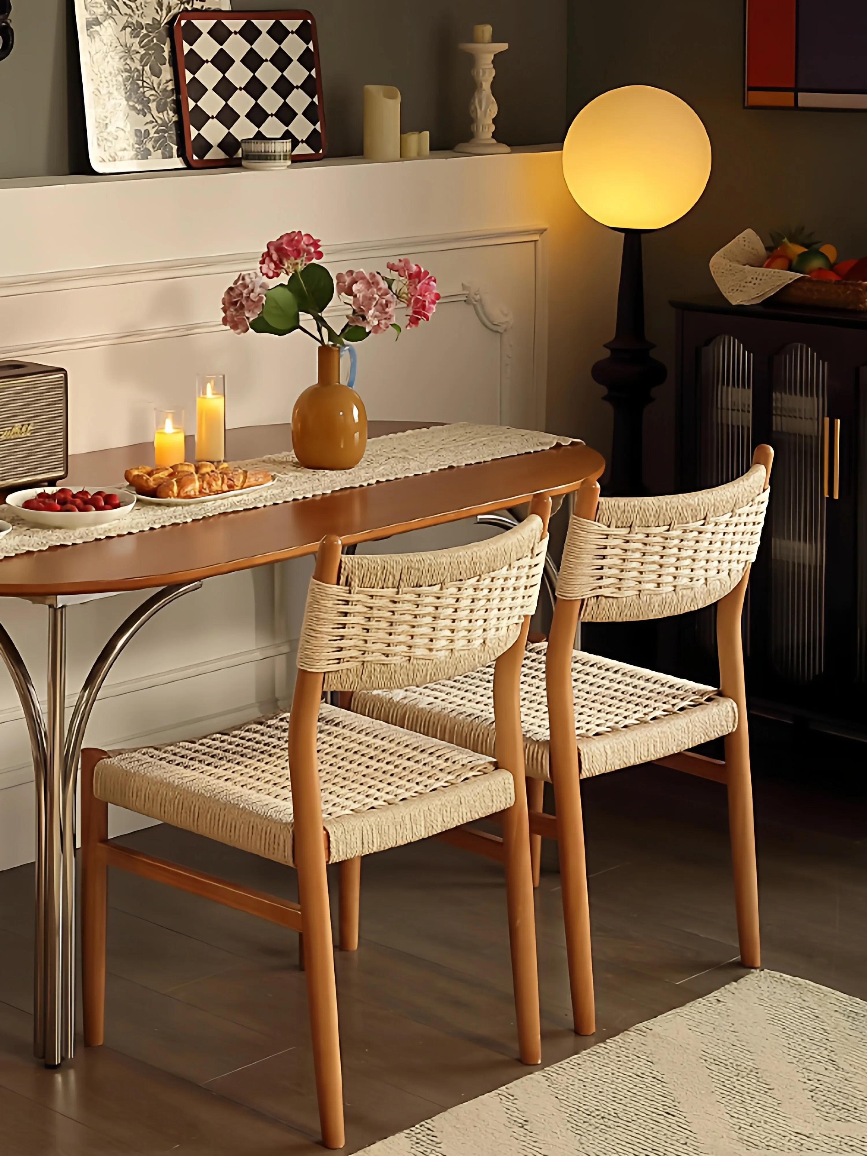 Mid Century Retro Walnut Solid Wood Rattan Rope Woven Backrest Dining Chair Stool for Small Home Living Room Wabi Sabi Furniture