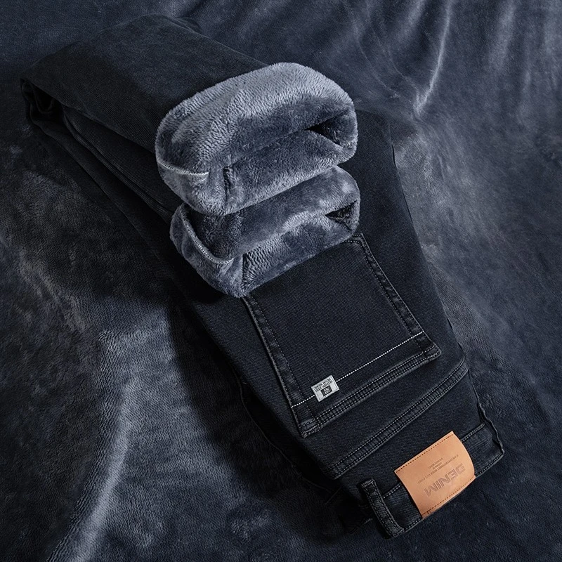 Men's Fleece Warm Jeans Fashion Loose Casual Classic Velvet Thick Denim Pants Business Casual Work Brand Men's Winter Pants