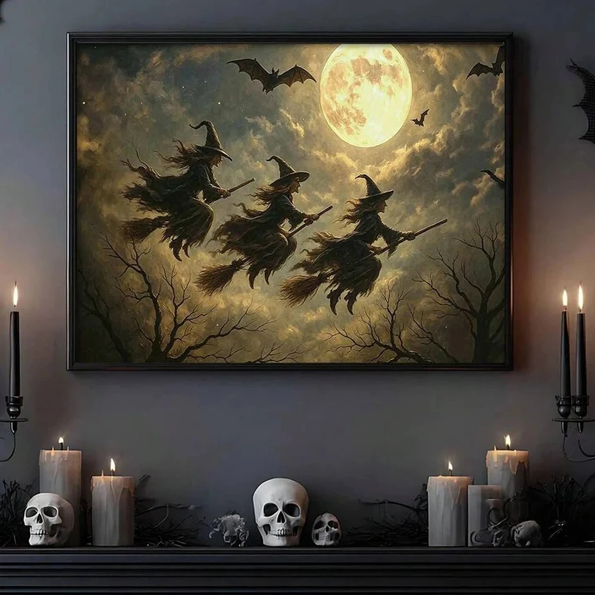 Modern Halloween Witch Under Moonlight Wall Art Print Canvas Painting Poster Picture For Living Room,Bedroom Home Decor