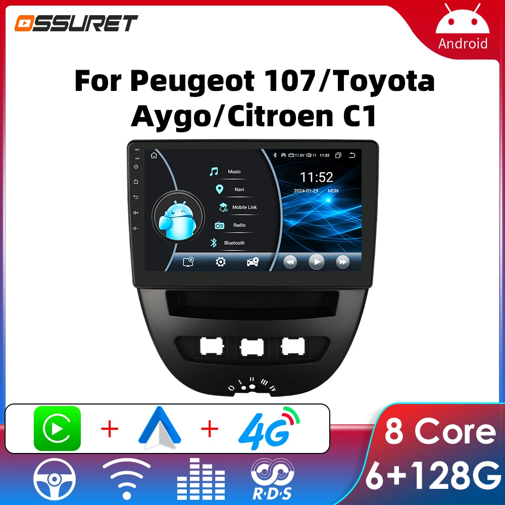 Android voiture GPS pour citroën C1 Peugeot 107 Toyota Aygo sans fil CarPlay Auto lecteur vidéo multimédia 4G 2DIN Radio stéréo WIFI