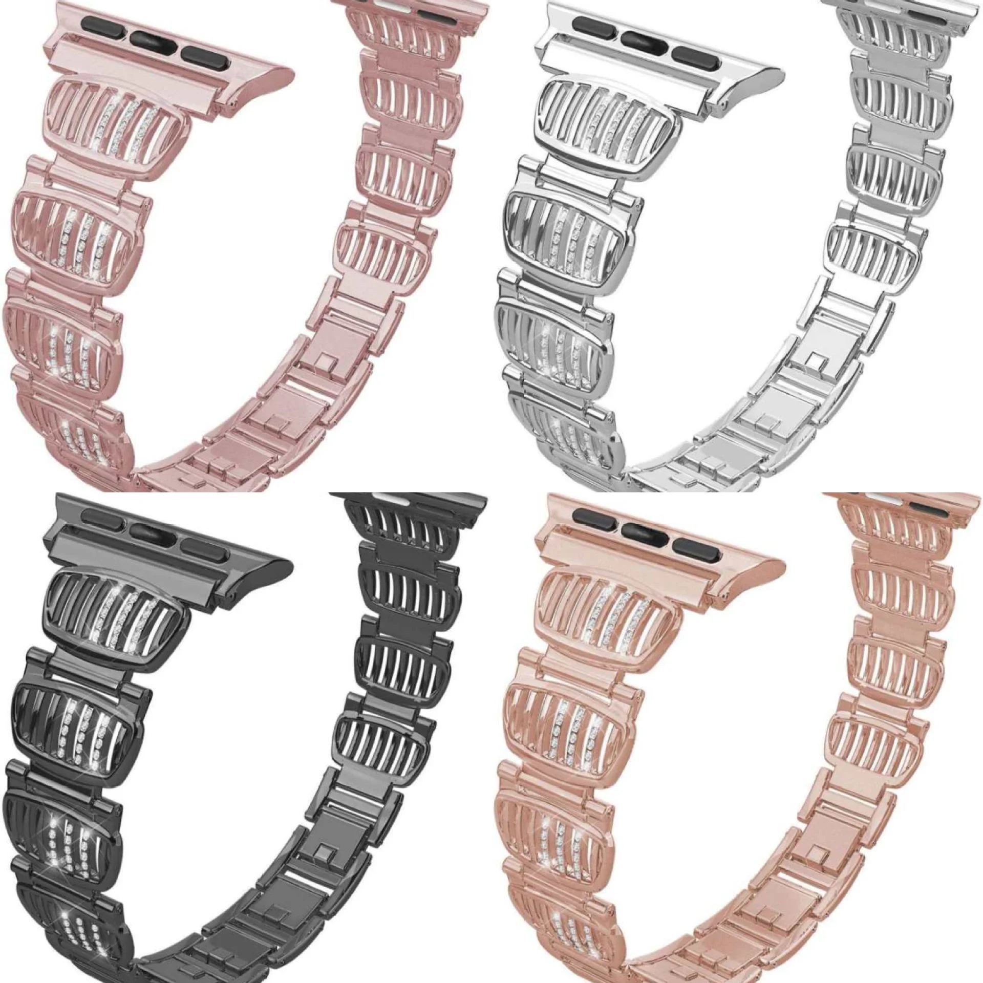 سوار ساعة أبل مخطط معدني أنيق مع لمسات الماس الأبيض - حزام بديل أنيق من الفولاذ المقاوم للصدأ لسلسلة iWatch