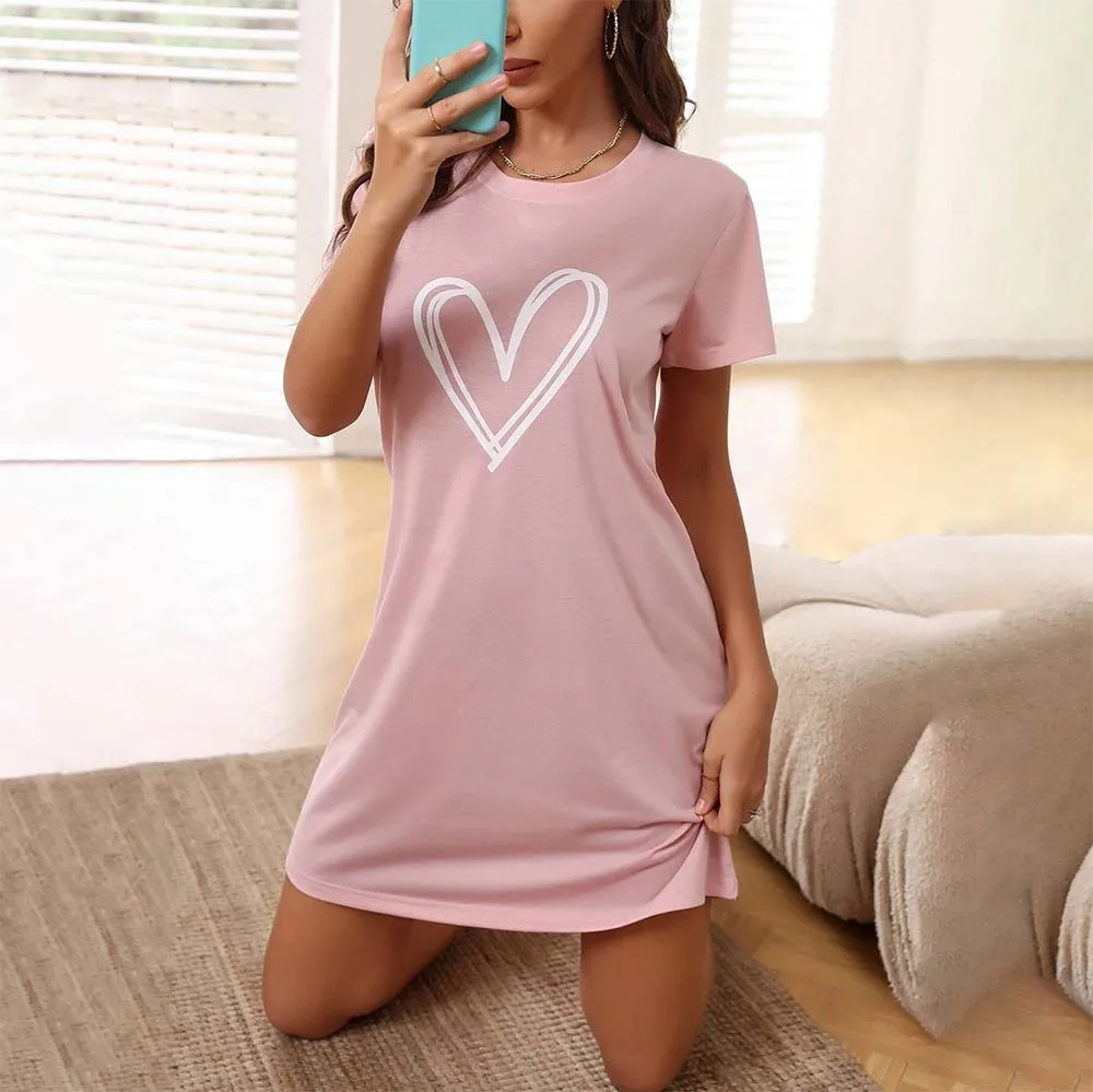 Summer Milk Silk Nightgowns Sleepwear Lingerie Heart Prints Sexy Short Sleep Shirts Women S-XL Plus Size Night Dress Women