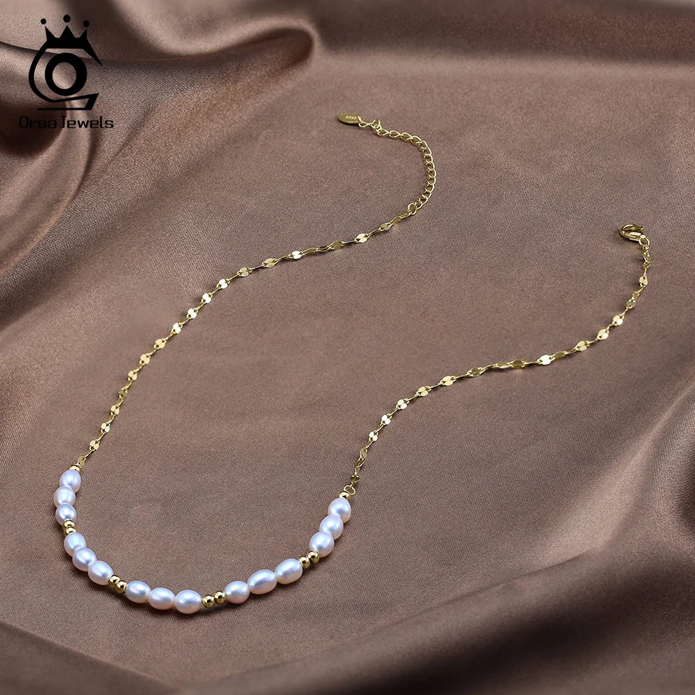ORSA JEWELS 14K Gold Beads Natural Freshwater Pearl Necklace Vintage 925 Sterling Silver Chain Necklace Jewelry for Women GPN67